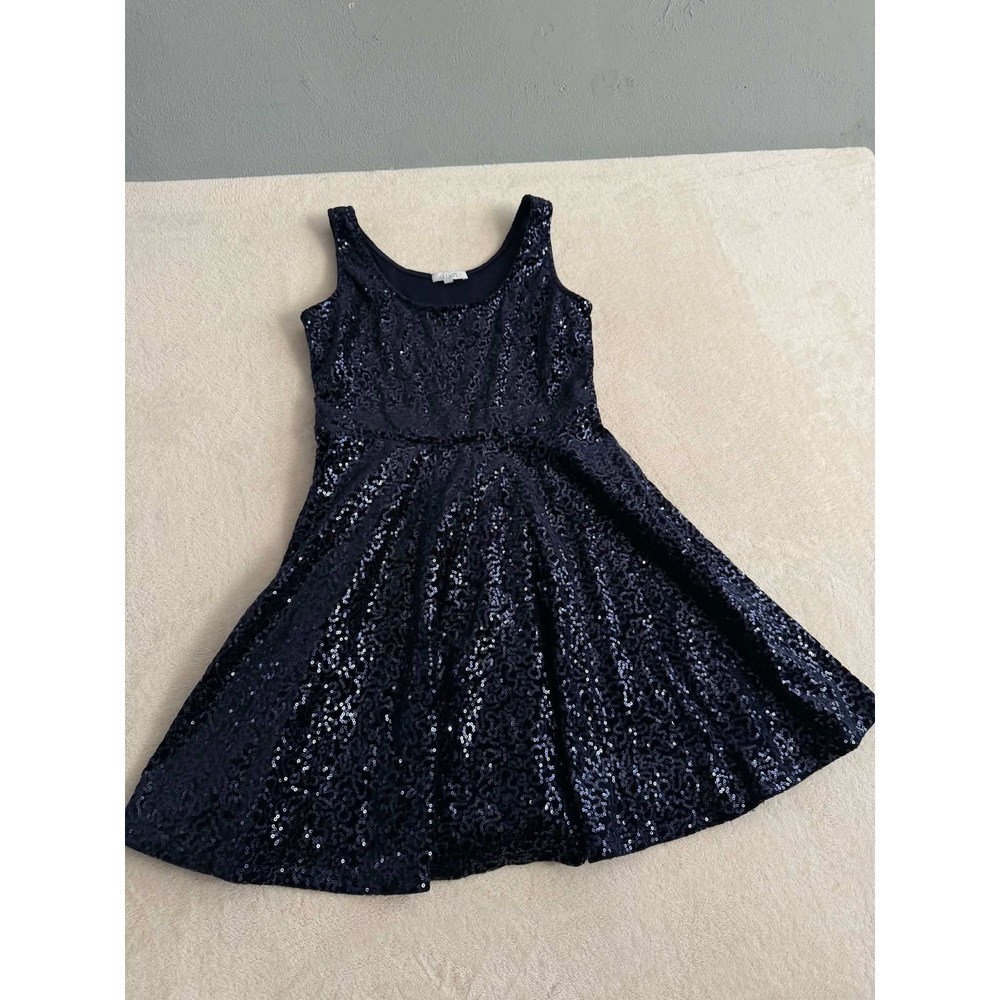 Vtg dELiA*s Med Navy Blue Sequin Fit & Flare Skater Dress Sleeveless Mini Party